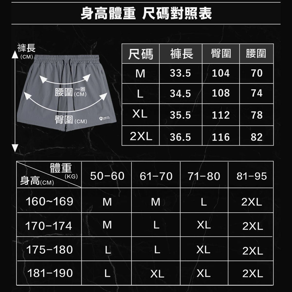 雙層速乾運動短褲尺寸與身高體重對照表