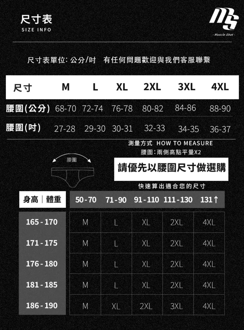BC493 - 07 尺寸表與腰圍對照,含測量方式