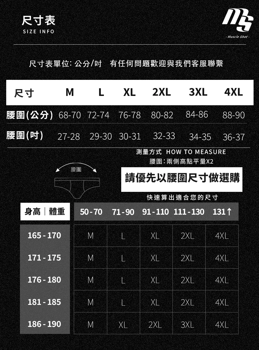 尺寸表與腰圍對照,含測量方式