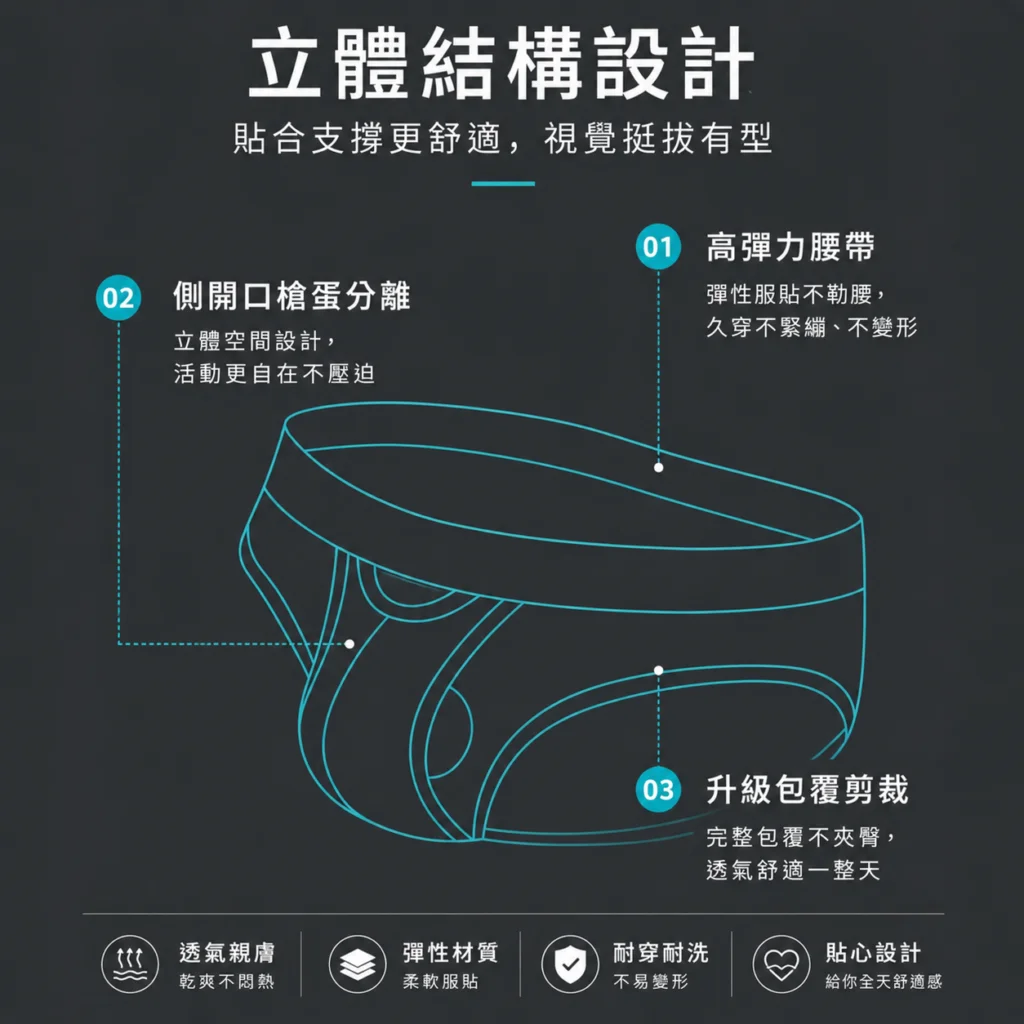 雙艙分離透氣三角褲立體結構:側開口槍蛋分離、高彈力腰帶、升級包覆剪裁