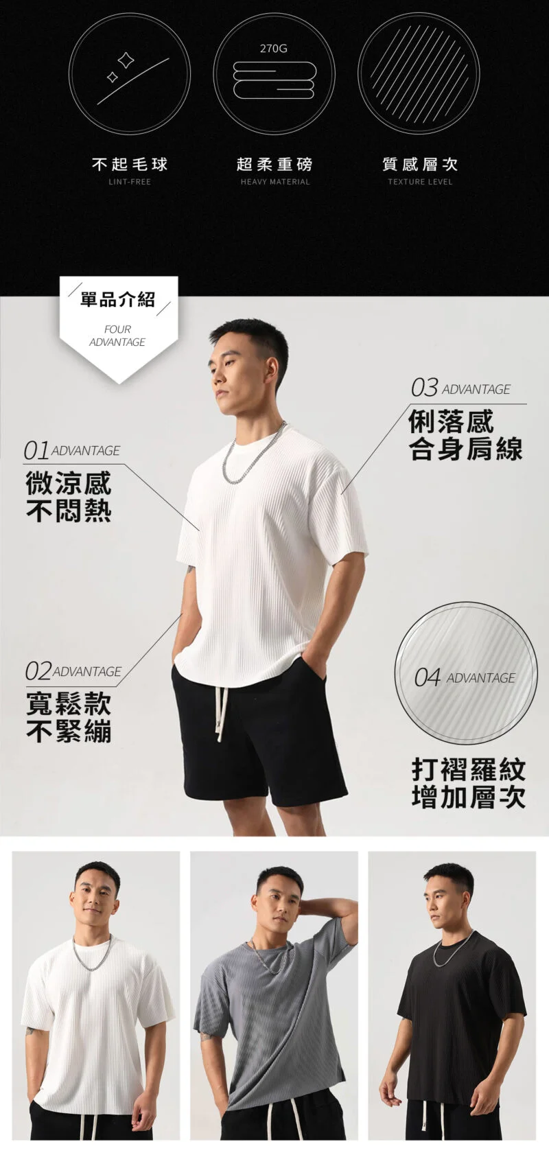 立體螺紋紋理短袖|穿上質感升級 不起毛球,超柔重磅,微涼感不悶熱