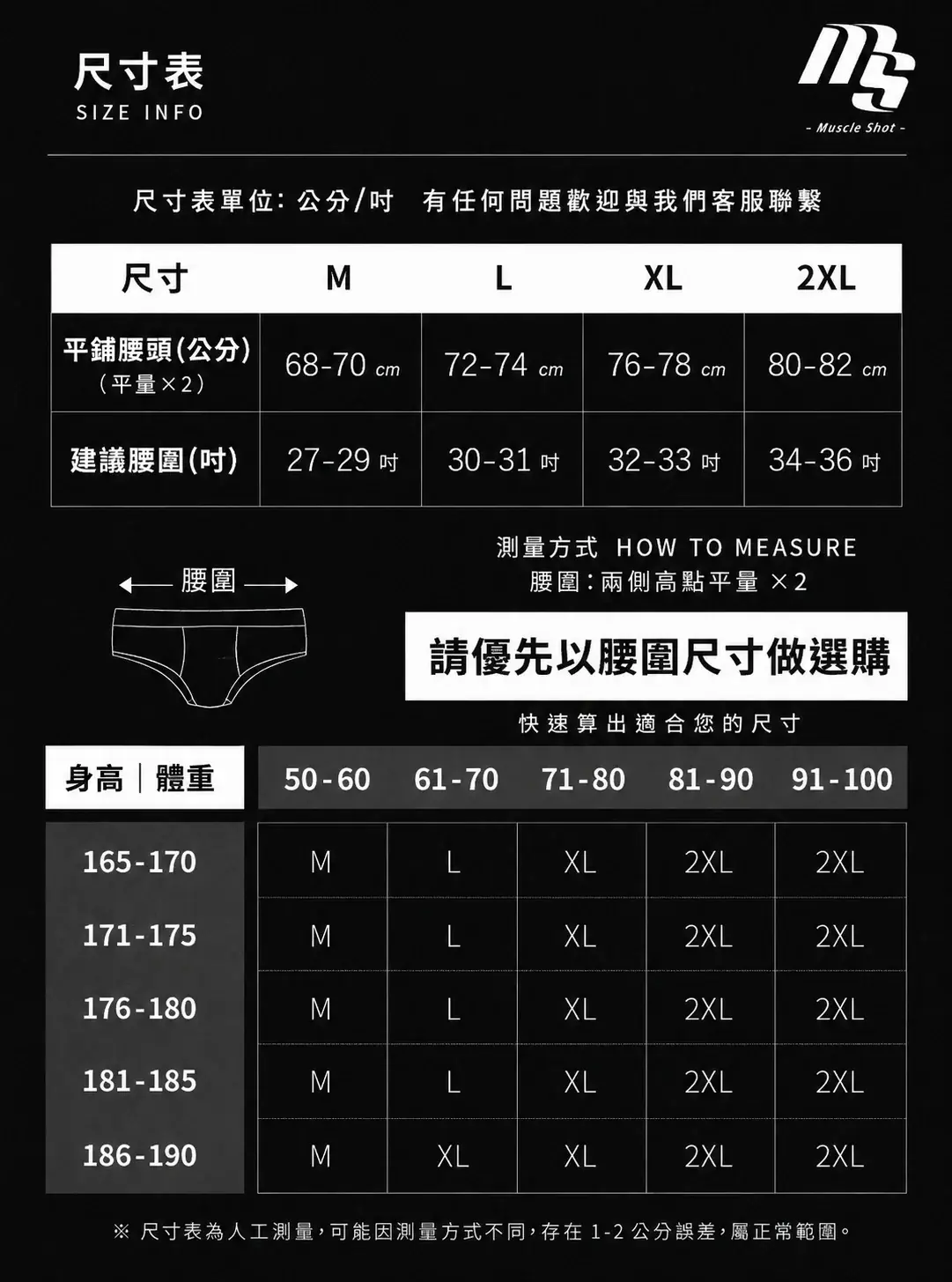 零感透視直紋四角褲尺寸表與測量說明